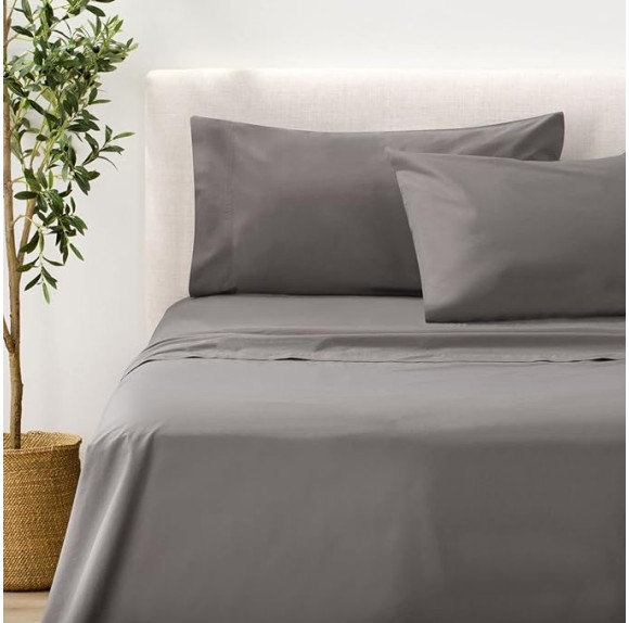 by Nate Berkus 200TC 100% Cotton Percale 4-Piece Sheet Set | Crisp, Cool, Breathable Bedding from mDesign - Queen Size - Flat Sheet/Fitted Sheet/2 Pillowcases, Charcoal (Dark Gray)