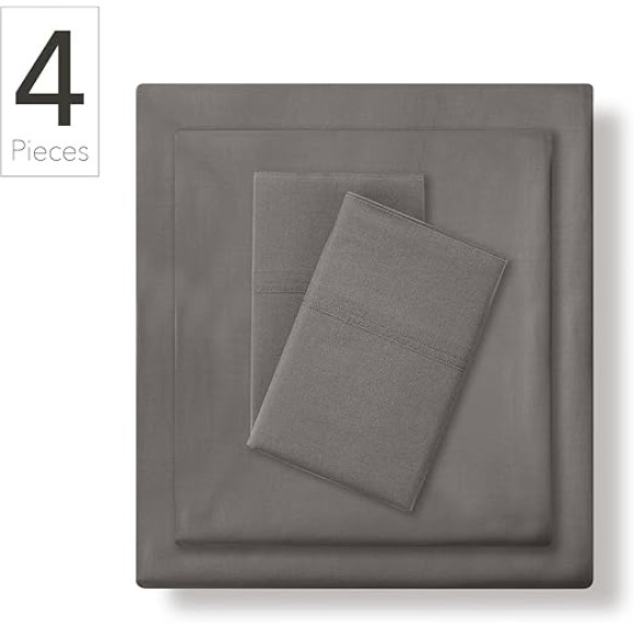 by Nate Berkus 200TC 100% Cotton Percale 4-Piece Sheet Set | Crisp, Cool, Breathable Bedding from mDesign - Queen Size - Flat Sheet/Fitted Sheet/2 Pillowcases, Charcoal (Dark Gray)
