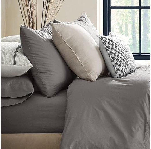 by Nate Berkus 200TC 100% Cotton Percale 4-Piece Sheet Set | Crisp, Cool, Breathable Bedding from mDesign - Queen Size - Flat Sheet/Fitted Sheet/2 Pillowcases, Charcoal (Dark Gray)