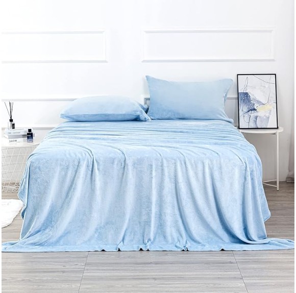 Micro Fleece Bed Sheet Set Twin Size,Velvet Plush Sheets and Pillowcase Set with Extra Deep Pockets, Extra Soft, No Pilling and Cozy Warmth for All Season (Twin Blue 3 Piece)