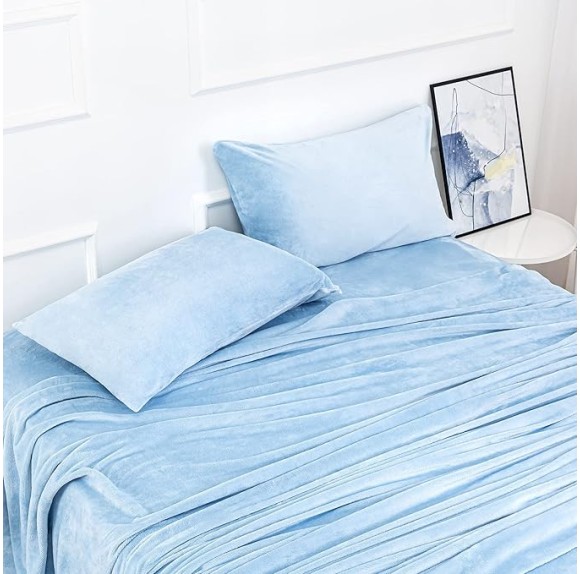 Micro Fleece Bed Sheet Set Twin Size,Velvet Plush Sheets and Pillowcase Set with Extra Deep Pockets, Extra Soft, No Pilling and Cozy Warmth for All Season (Twin Blue 3 Piece)