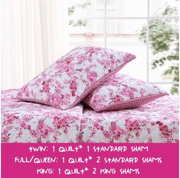 Queen Quilt Set, Cozy Brushed Microfiber Reversible Bedding Set, All Season Casual Home Décor (Floral Vineyard Pink, Queen)