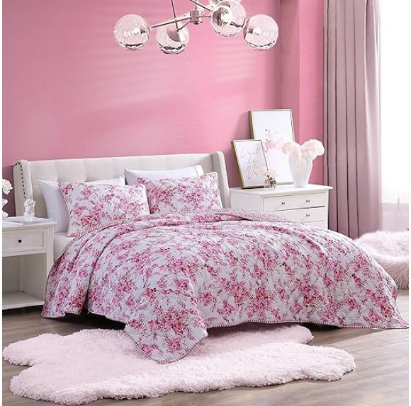 King Quilt Set, Cozy Brushed Microfiber Reversible Bedding Set, All Season Casual Home Décor (Floral Vineyard Pink, King)