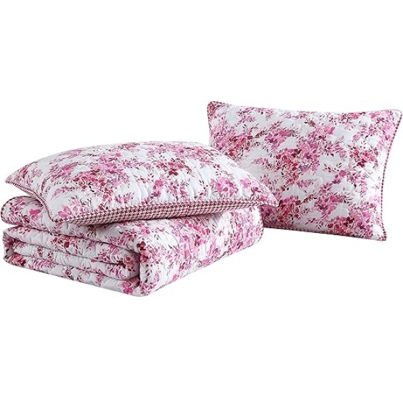King Quilt Set, Cozy Brushed Microfiber Reversible Bedding Set, All Season Casual Home Décor (Floral Vineyard Pink, King)