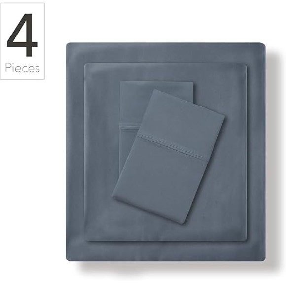 by Nate Berkus 300TC Cotton Bedding 4-Piece Deep Pocket Sheet Set | Soft, Smooth Sateen Weave from mDesign - Queen Size - 1 Flat Sheet/1 Fitted Sheet/2 Pillowcases, Whale (Navy Blue)