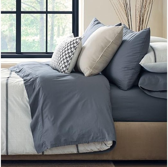 by Nate Berkus 300TC Cotton Bedding 4-Piece Deep Pocket Sheet Set | Soft, Smooth Sateen Weave from mDesign - Queen Size - 1 Flat Sheet/1 Fitted Sheet/2 Pillowcases, Whale (Navy Blue)