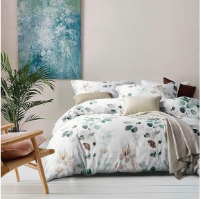 100% Long-Staple Cotton Duvet Cover Set Teal Blue Green Leaf Pattern Printed Comforter Cover 3pcs, Ultra Soft & Breathable Bedding Set