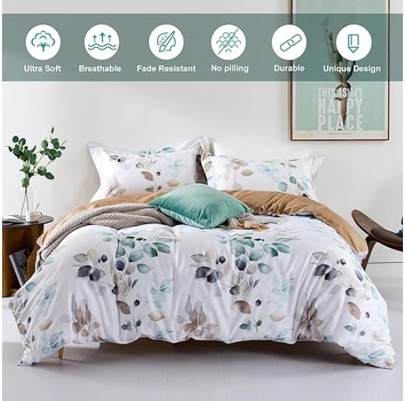 100% Long-Staple Cotton Duvet Cover Set Teal Blue Green Leaf Pattern Printed Comforter Cover 3pcs, Ultra Soft & Breathable Bedding Set