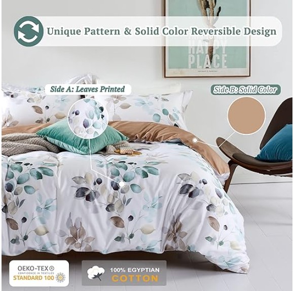 100% Long-Staple Cotton Duvet Cover Set Teal Blue Green Leaf Pattern Printed Comforter Cover 3pcs, Ultra Soft & Breathable Bedding Set