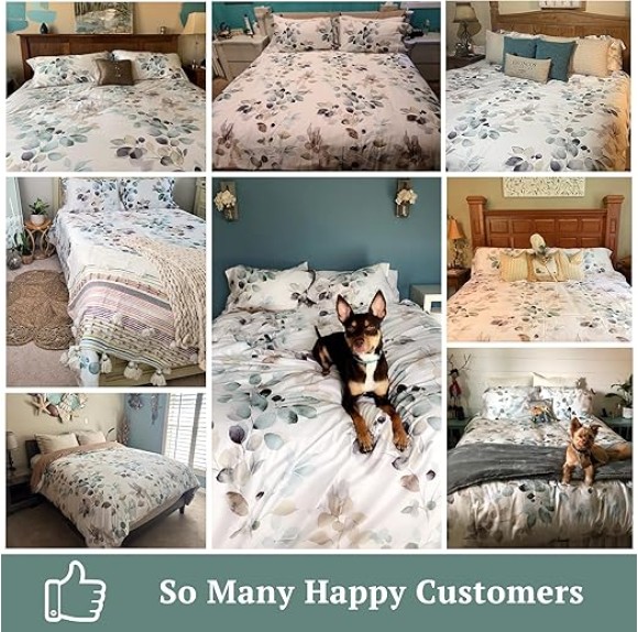100% Long-Staple Cotton Duvet Cover Set Teal Blue Green Leaf Pattern Printed Comforter Cover 3pcs, Ultra Soft & Breathable Bedding Set