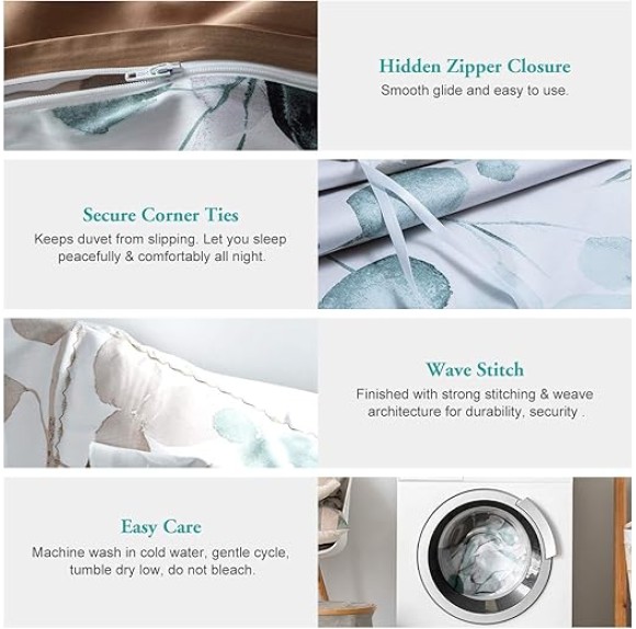 100% Long-Staple Cotton Duvet Cover Set Teal Blue Green Leaf Pattern Printed Comforter Cover 3pcs, Ultra Soft & Breathable Bedding Set