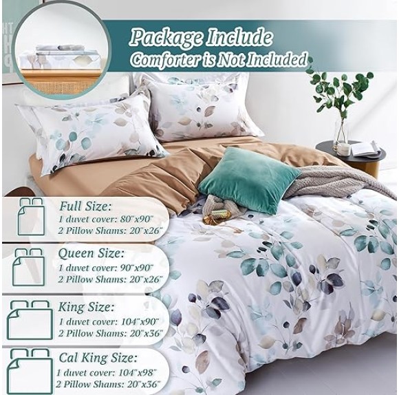 100% Long-Staple Cotton Duvet Cover Set Teal Blue Green Leaf Pattern Printed Comforter Cover 3pcs, Ultra Soft & Breathable Bedding Set