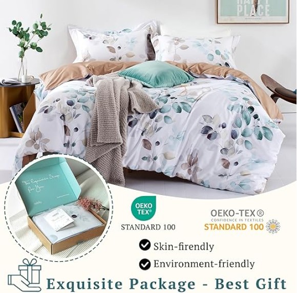 100% Long-Staple Cotton Duvet Cover Set Teal Blue Green Leaf Pattern Printed Comforter Cover 3pcs, Ultra Soft & Breathable Bedding Set