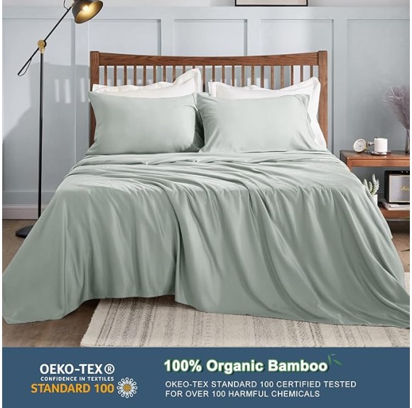 Cooling Sheets King Size, Rayon derived from Bamboo, Oeko-TEX Certified Luxuriously Soft & Cooling Silky Sheet Set - 16" Deep Pockets 4 Piece Bedding Sheets & Pillowcases，Sea Glass