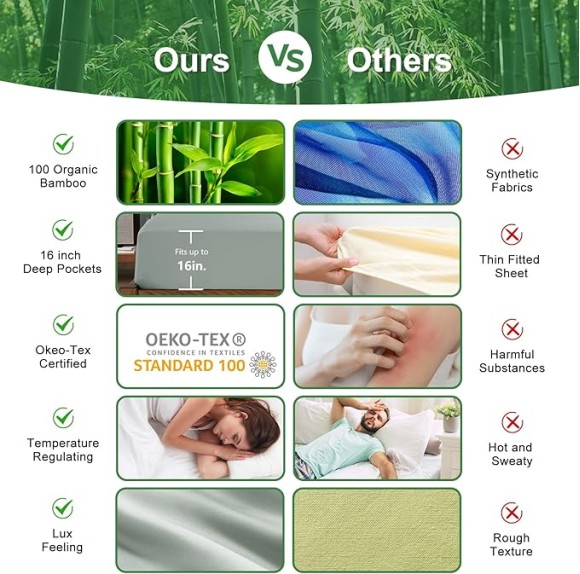 Cooling Sheets King Size, Rayon derived from Bamboo, Oeko-TEX Certified Luxuriously Soft & Cooling Silky Sheet Set - 16" Deep Pockets 4 Piece Bedding Sheets & Pillowcases，Sea Glass