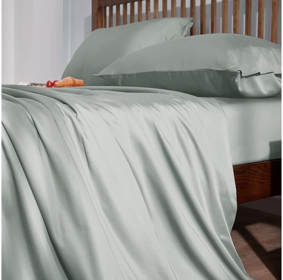 Cooling Sheets King Size, Rayon derived from Bamboo, Oeko-TEX Certified Luxuriously Soft & Cooling Silky Sheet Set - 16" Deep Pockets 4 Piece Bedding Sheets & Pillowcases，Sea Glass