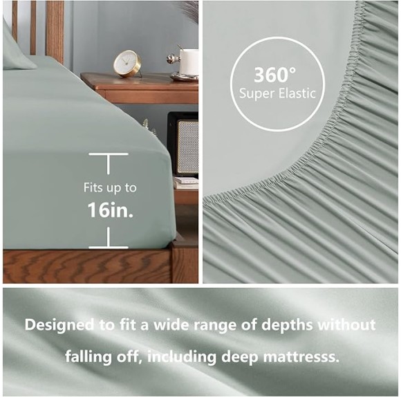 Cooling Sheets King Size, Rayon derived from Bamboo, Oeko-TEX Certified Luxuriously Soft & Cooling Silky Sheet Set - 16" Deep Pockets 4 Piece Bedding Sheets & Pillowcases，Sea Glass