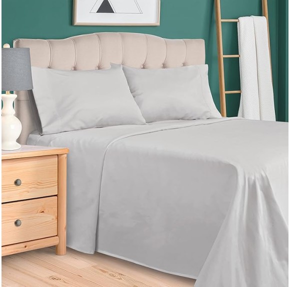 Egyptian Cotton 300 Thread Count Bed Sheet Set, 1 Elastic Deep Pocket Fitted Sheets, 1 Flat Sheet, 2 Pillowcases, Soft Bedding, Luxury Sheets, Sateen Weave, Queen, Light Grey