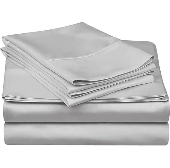 Egyptian Cotton 300 Thread Count Bed Sheet Set, 1 Elastic Deep Pocket Fitted Sheets, 1 Flat Sheet, 2 Pillowcases, Soft Bedding, Luxury Sheets, Sateen Weave, Queen, Light Grey