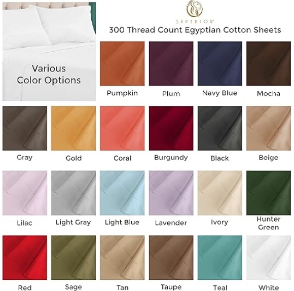 Egyptian Cotton 300 Thread Count Bed Sheet Set, 1 Elastic Deep Pocket Fitted Sheets, 1 Flat Sheet, 2 Pillowcases, Soft Bedding, Luxury Sheets, Sateen Weave, Queen, Light Grey