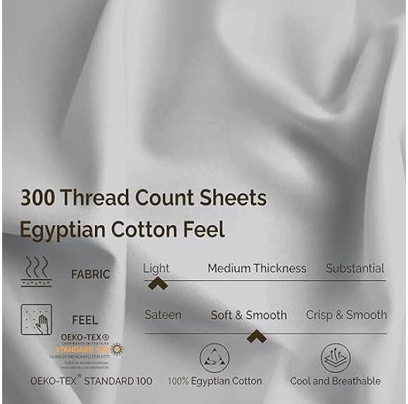 Egyptian Cotton 300 Thread Count Bed Sheet Set, 1 Elastic Deep Pocket Fitted Sheets, 1 Flat Sheet, 2 Pillowcases, Soft Bedding, Luxury Sheets, Sateen Weave, Queen, Light Grey