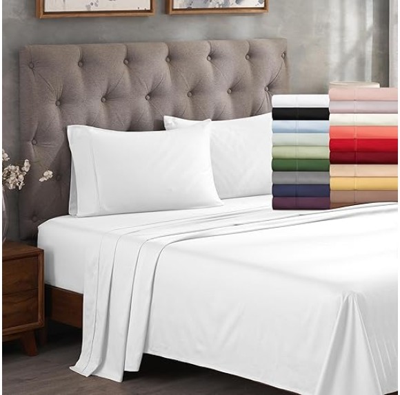 Egyptian Cotton 300 Thread Count Bed Sheet Set, 1 Elastic Deep Pocket Fitted Sheets, 1 Flat Sheet, 2 Pillowcases, Soft Bedding, Luxury Sheets, Sateen Weave, Queen, Light Grey