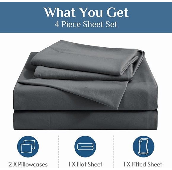 Dark Grey Queen Sheets Set, 4 Piece Collection Bedding Sheets & Pillowcases, Cooling Sheets with 14 inch Deep Pocket Queen Sheets, Comfy Breathable Fitted for Home & Hotel(Queen Gray)