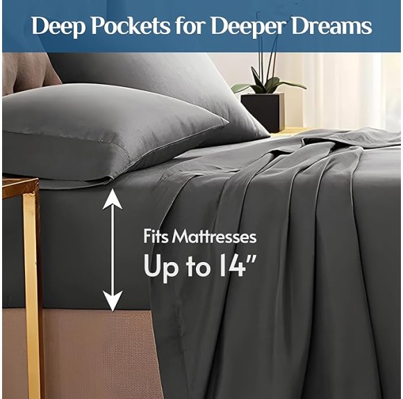 Dark Grey Queen Sheets Set, 4 Piece Collection Bedding Sheets & Pillowcases, Cooling Sheets with 14 inch Deep Pocket Queen Sheets, Comfy Breathable Fitted for Home & Hotel(Queen Gray)
