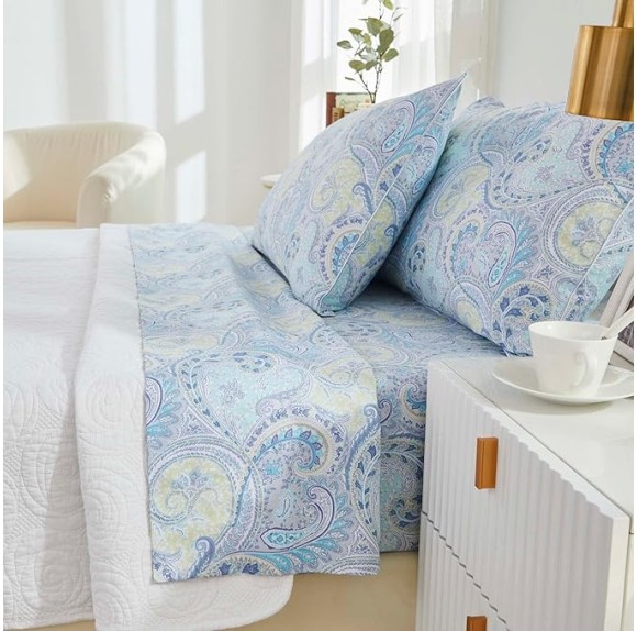 Blue Paisley Queen Size Sheet Set Luxury Floral Boho Bohemian Medallio Neutral Bedding Collections 800 Thread Count 100% Egyptian Cotton Deep Pocket, 4 Piece