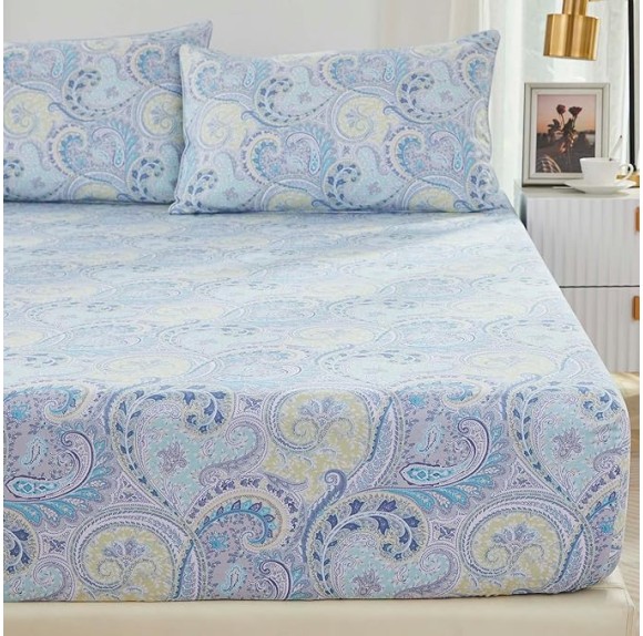 Blue Paisley Queen Size Sheet Set Luxury Floral Boho Bohemian Medallio Neutral Bedding Collections 800 Thread Count 100% Egyptian Cotton Deep Pocket, 4 Piece