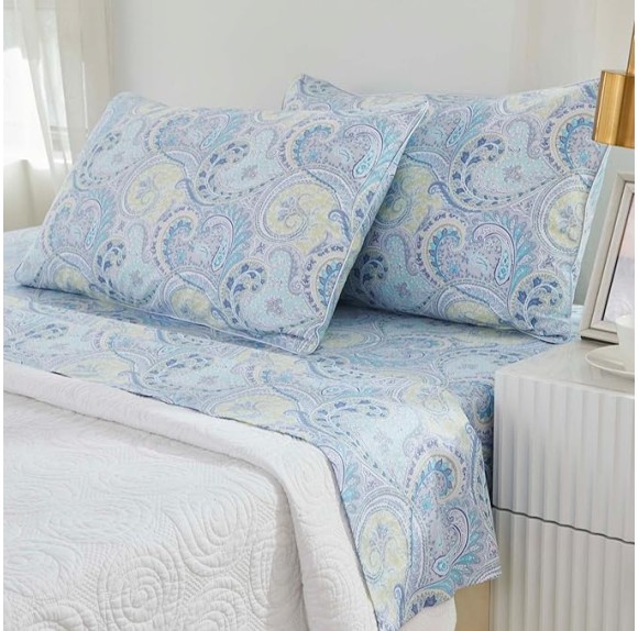 Blue Paisley Queen Size Sheet Set Luxury Floral Boho Bohemian Medallio Neutral Bedding Collections 800 Thread Count 100% Egyptian Cotton Deep Pocket, 4 Piece
