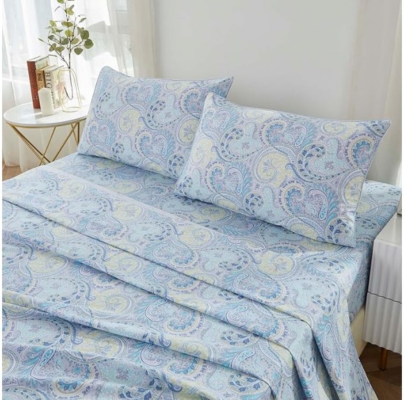 Blue Paisley Queen Size Sheet Set Luxury Floral Boho Bohemian Medallio Neutral Bedding Collections 800 Thread Count 100% Egyptian Cotton Deep Pocket, 4 Piece