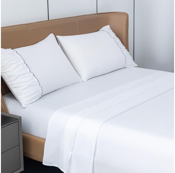 King Size Bed Sheets Set 4 Piece 1800 Thread Count Bed Sheets Set with Lace Trim Decorated Pillowcase & 16" Deep Pocket, Super Soft and Comfortable (White, King)