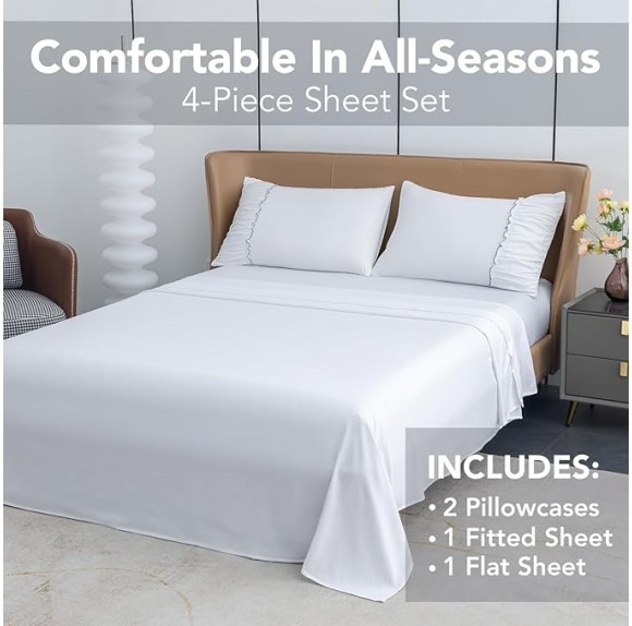 King Size Bed Sheets Set 4 Piece 1800 Thread Count Bed Sheets Set with Lace Trim Decorated Pillowcase & 16" Deep Pocket, Super Soft and Comfortable (White, King)