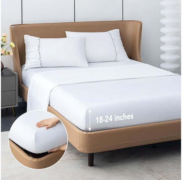 King Size Bed Sheets Set 4 Piece 1800 Thread Count Bed Sheets Set with Lace Trim Decorated Pillowcase & 16" Deep Pocket, Super Soft and Comfortable (White, King)