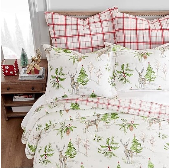 Sleigh Bells Duvet Cover Set - King Holiday Duvet Cover 106x94 and Two King Pillow Cases 20x36 - Christmas Tree and Reindeer - White Green and Red - Cotton
