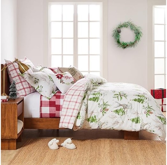 Sleigh Bells Duvet Cover Set - King Holiday Duvet Cover 106x94 and Two King Pillow Cases 20x36 - Christmas Tree and Reindeer - White Green and Red - Cotton