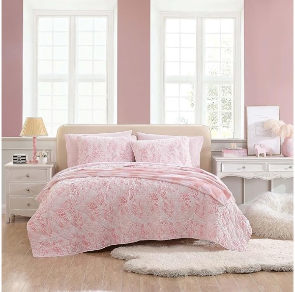 Queen Quilt Set, Reversible Brushed Microfiber Bedding with Matching Shams, Diamond Stitched Bedroom Decor (Butterfly Ombre Pink, Queen)