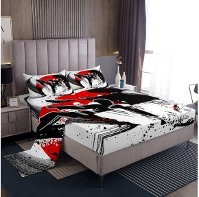 Kungfu Graffiti Bed Sheet Queen Set Ink Tie-dye Sheets Sets Adults Bedroom Decor Black and Red Microfiber Bedding Set with Flat,Fitted Sheet,2 Pillow Cases
