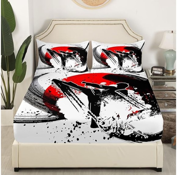 Kungfu Graffiti Bed Sheet Queen Set Ink Tie-dye Sheets Sets Adults Bedroom Decor Black and Red Microfiber Bedding Set with Flat,Fitted Sheet,2 Pillow Cases