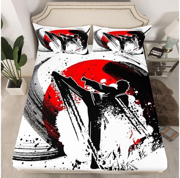 Kungfu Graffiti Bed Sheet Queen Set Ink Tie-dye Sheets Sets Adults Bedroom Decor Black and Red Microfiber Bedding Set with Flat,Fitted Sheet,2 Pillow Cases