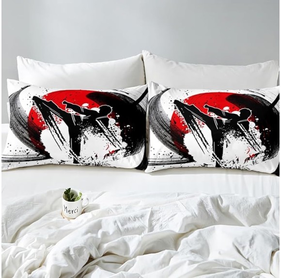 Kungfu Graffiti Bed Sheet Queen Set Ink Tie-dye Sheets Sets Adults Bedroom Decor Black and Red Microfiber Bedding Set with Flat,Fitted Sheet,2 Pillow Cases