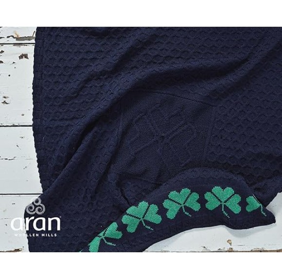 Irish Shamrock Blanket Cable Knit 100% Merino Wool Couch Throw Made in Ireland (Mer.Navy/Kiwi)