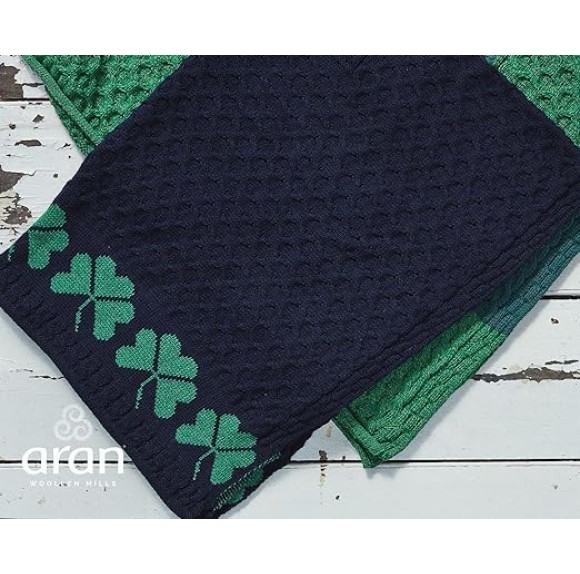 Irish Shamrock Blanket Cable Knit 100% Merino Wool Couch Throw Made in Ireland (Mer.Navy/Kiwi)