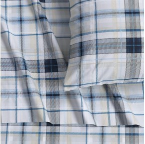 Cotton Percale Queen Size Bed Sheet Set, 300 Thread Count, Extra Deep Pockets, Printed Tribeca Plaid Multicolor