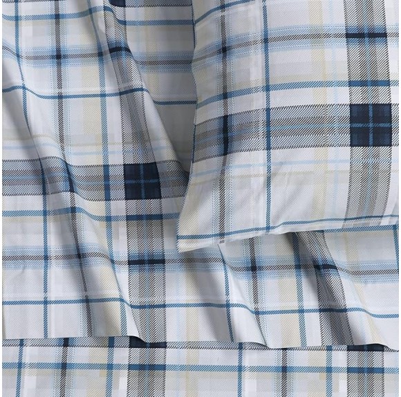Cotton Percale Queen Size Bed Sheet Set, 300 Thread Count, Extra Deep Pockets, Printed Tribeca Plaid Multicolor