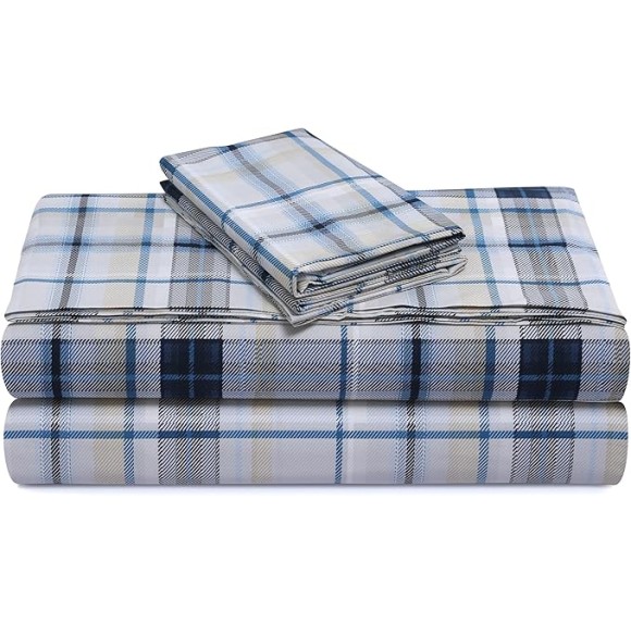 Cotton Percale Queen Size Bed Sheet Set, 300 Thread Count, Extra Deep Pockets, Printed Tribeca Plaid Multicolor