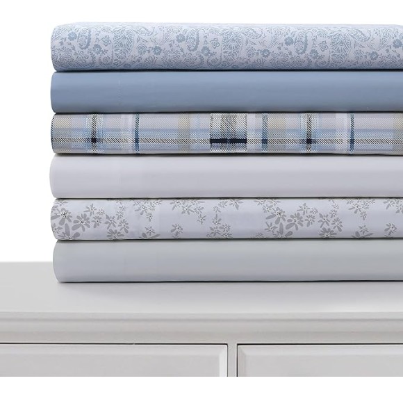 Cotton Percale Queen Size Bed Sheet Set, 300 Thread Count, Extra Deep Pockets, Printed Tribeca Plaid Multicolor