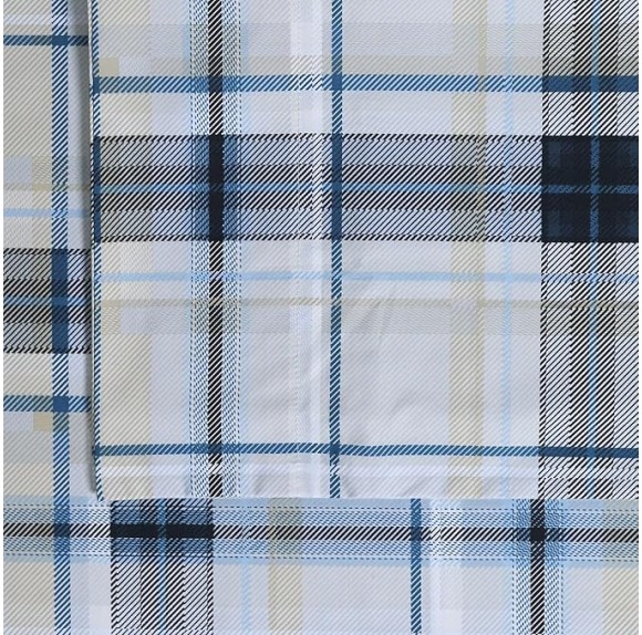 Cotton Percale Queen Size Bed Sheet Set, 300 Thread Count, Extra Deep Pockets, Printed Tribeca Plaid Multicolor