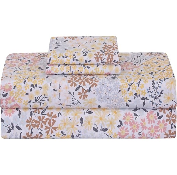 Feather & Stitch Softest 100% Cotton Sheets, 300 Thread Count Percale Weave Bedding, 16" Deep Pocket, Cooling Sheets, Breathable Bed Set, Hotel Premium Quality (Queen, Victorian Floral)